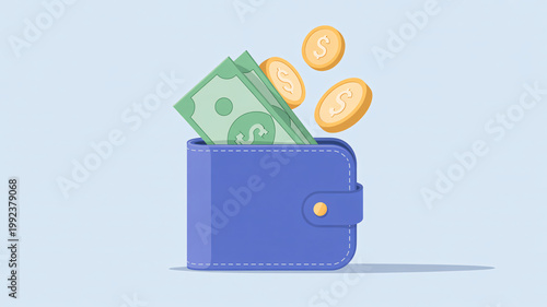 A blue wallet with money and coins spilling out on a light background