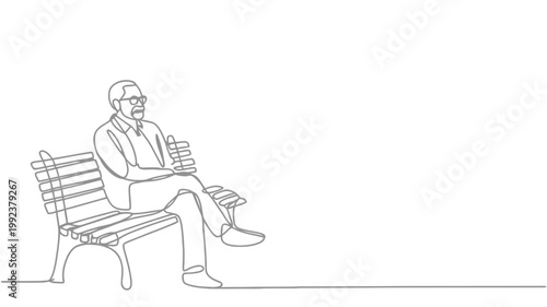 Elderly man sitting on park bench minimalist line drawing