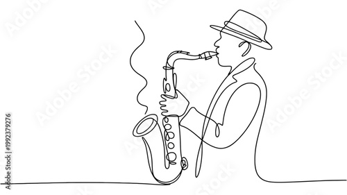 Single line drawing of a man playing saxophone musician