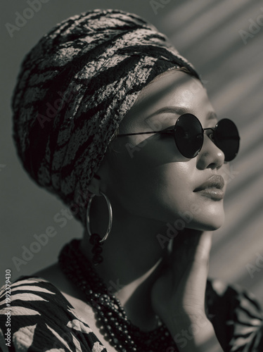 Stylish woman with headwrap and sunglasses portrait