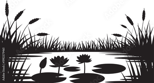 Black silhouette of pond with water lilies and reeds on transparent background nature scene.