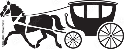 Horse drawing carriage silhouette isolated on white background for vintage transportation branding.