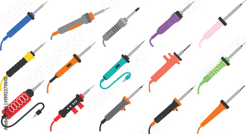 Soldering iron tools vector set with different electric solder guns and irons, electronics repair equipment collection, workshop tools illustration bundle isolated