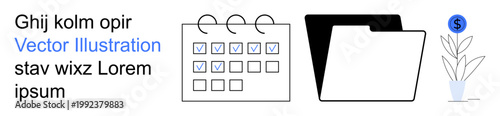 Business planning, productivity tools, organization, financial management, workflow optimization, growth tracking. Calendar with checkmarks, folder and plant with dollar sign. Task management