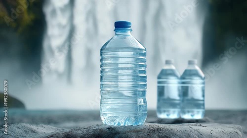 Static close up shot of plastic water bottle resting on rock with waterfall and two bottles in background
