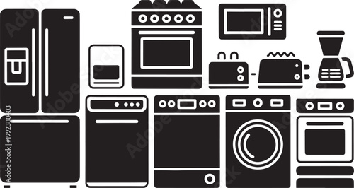 Modern kitchen appliance icons set with refrigerator stove microwave toaster blender and dishwasher.