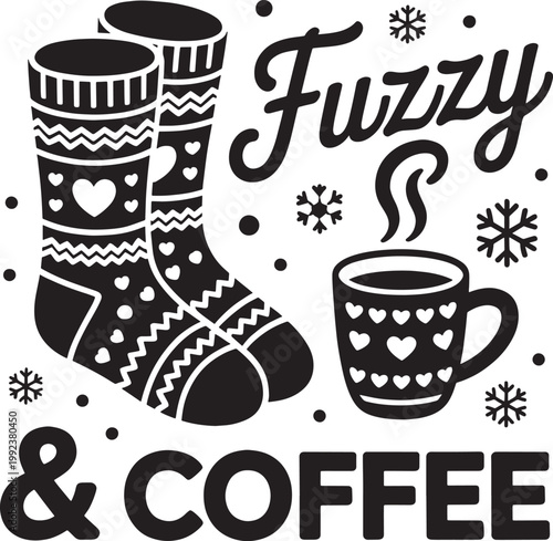 Cozy winter composition with fuzzy socks and hot coffee cup decorated with hearts and white snowfall.