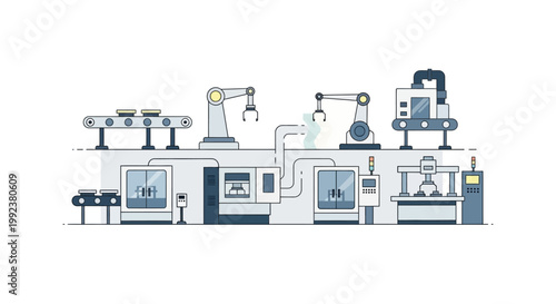A detailed vector illustration of a modern industrial factory shows automated production lines and robotic arms working together, set against a clean white background with a technological