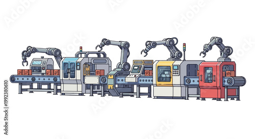 Detailed vector illustration of a modern industrial factory, showcasing robotic arm production with a flat design and vibrant colors, presented against a clean white background, depicting