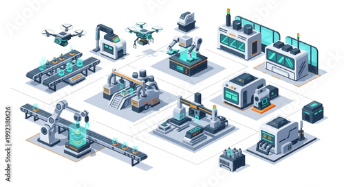 Isometric illustration showcasing automated production systems and robotic manufacturing, with conveyor belts, drones, and robotic arms against a clean white background, creating a modern