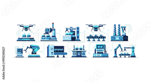 Vector art illustrating an industrial factory's automation process, showcasing robotic arms, drones, and assembly lines against a clean white background, presented in a flat design style
