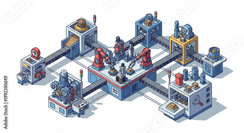 Isometric illustration of an automated industrial factory floor, showcasing a complex robotic assembly line with interconnected machines and cranes against a clean white background