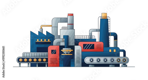 Detailed vector illustration of an industrial factory shows a building with multiple chimneys and a conveyor belt, rendered with a flat design style and vibrant colors against a clean white