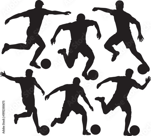 Soccer players kicking ball set vector illustration dynamic action poses football athletes.