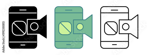 Set of three mobile phone icons depicting a prohibited video recording symbol and a camera lens originating from the device screen