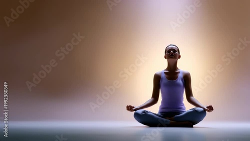 Static shot of woman meditating in studio with changing colored backlight panels shifting from purple to warm to green