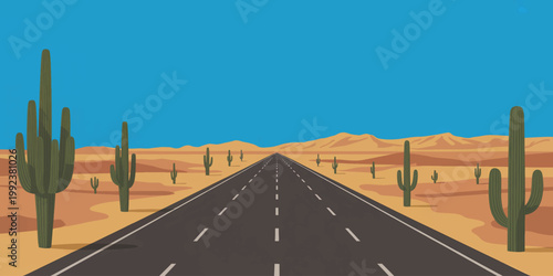 A lonely cactus stands beside an empty desert road under a wide open sky