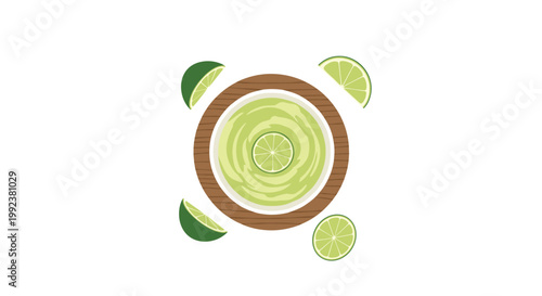 A vibrant bowl of creamy green guacamole sits centered on a rustic wooden board surrounded by fresh lime wedges against a clean white background.