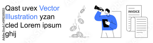 Business growth, budgeting, financial planning, economic analysis, cost management, revenue tracking. Graphic shows a person with binoculars, falling coins and documents. Financial planning