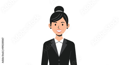 A friendly professional woman with her dark hair in a neat bun smiles warmly while wearing a sharp black business suit against a plain white background.
