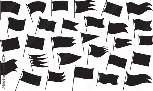 Group of black silhouette flags waving and flowing in wind modern and vintage design.
