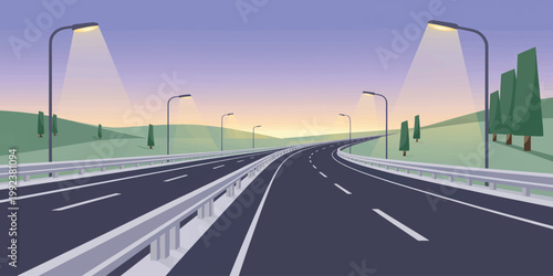 Cars moving fast on a highway road at sunset under a wide open sky