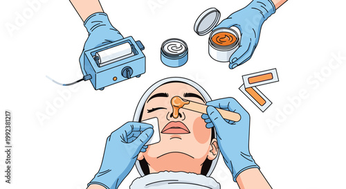 A professional aesthetician applies warm amber wax to a woman's nose during a meticulous facial treatment surrounded by blue gloves and skincare jars.