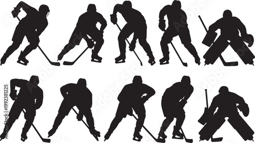Ice hockey player silhouettes set with goaltender and forward positions in dynamic action poses pack.