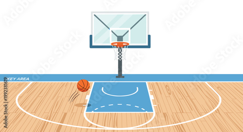 An orange basketball bounces across a polished wooden court towards a professional hoop with a glass backboard under bright indoor stadium lighting.
