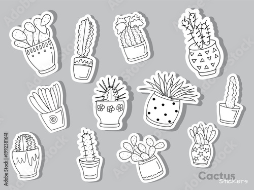 Black and white collection of various blooming cactus and succulent plants, perfect for desert and Mexican-themed designs. Cactus vector stickers