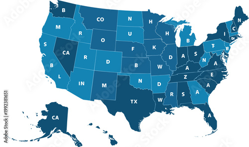 Map of the united states of america with blue gradient color blocks and white uppercase letters representing state abbreviations on a white background