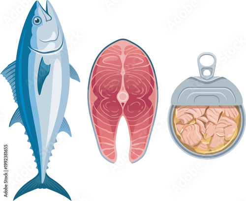Various tuna preparations with whole fish steak and canned food