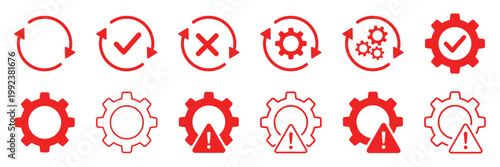 Red gear and process set with checkmarks, crosses, and warning isolated on transparent background