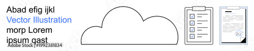 Cloud computing, data management, digital storage, task organization, online documentation, productivity tools. Cloud shape with a checklist and signed document icons. Cloud computing and data