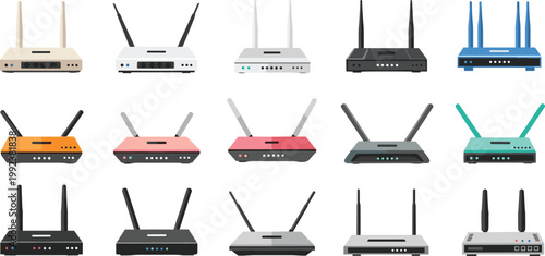 WiFi router vector set with different wireless internet devices, home and office networking equipment collection, modern technology illustration bundle isolated