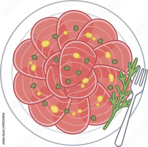 Overhead view of tuna carpaccio with seasoning on a plate