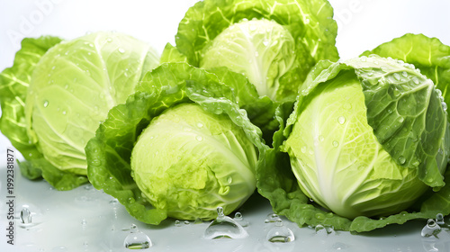 Fresh green cabbages with water drops on a white background. Healthy raw vegetable for a diet and cooking