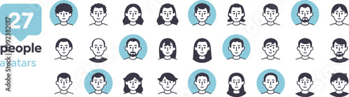 Set of twenty seven flat representing diverse human avatars with various hairstyles and facial arranged in three rows on a white background with light blue circular accents