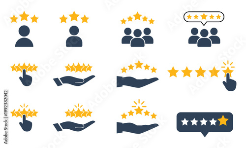 Collection of dark blue and yellow star rating with hands and isolated on transparent background