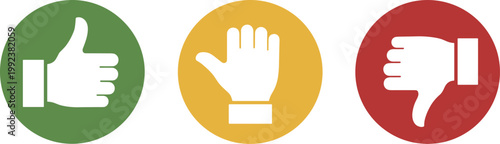 Three circular showing thumbs up thumbs down and hand stop gesture like dislike