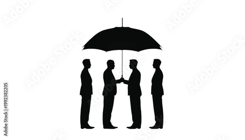 Businessmen stand under a large umbrella to represent collective security and professional protection.