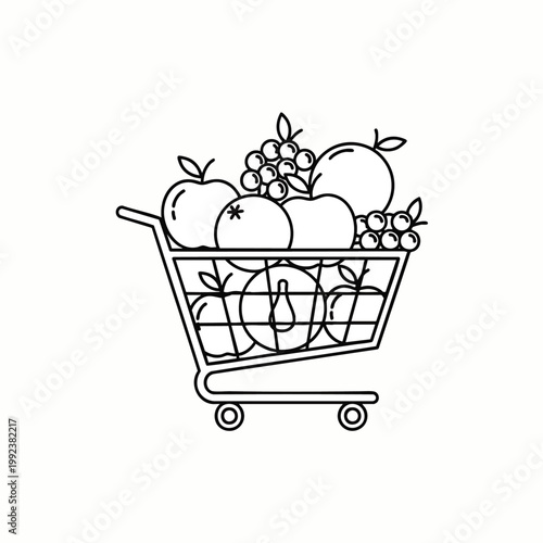 Line art illustration of a full shopping cart with fresh fruits like apples, oranges, and grapes, symbolizing healthy grocery shopping and organic produce.
