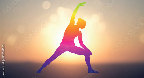 Yoga, woman in warrior pose, colorful gradient silhouette, fitness icon, vector illustration