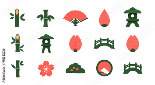 Collection of traditional Japanese culture and nature icons. Vector set featuring bamboo, cherry blossom, fan, stone lantern, and bridge elements.