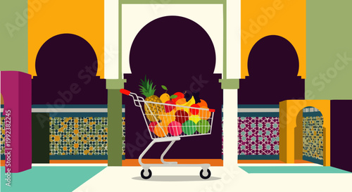 Vibrant vector illustration of a supermarket shopping cart overflowing with fresh fruits in a colorful Moroccan-style market setting, representing healthy eating and grocery shopping.