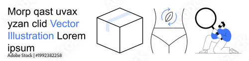 Innovative design, body aesthetics, product inspection, analytics, exploration, fitness. A cube, a body outline and a magnifying person. Body aesthetics and product inspection
