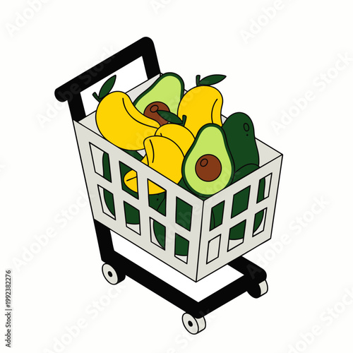 Colorful cartoon illustration of a shopping cart overflowing with fresh, healthy fruits like bananas, avocados, and mangoes, symbolizing grocery shopping and nutritious eating.