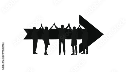 Businesspeople stand together in front of a black arrow to signify progress and collective success.