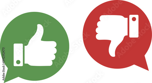Green speech bubble with white thumbs up next to red speech bubble with white thumbs down like dislike