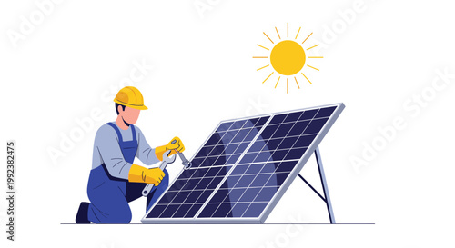A professional installer in a yellow hard hat and blue uniform uses a large wrench to secure a solar panel under a bright yellow sun.